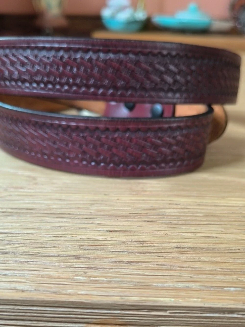 Vintage Leegin Tooled Burgundy Leather Belt 36 Made in USA